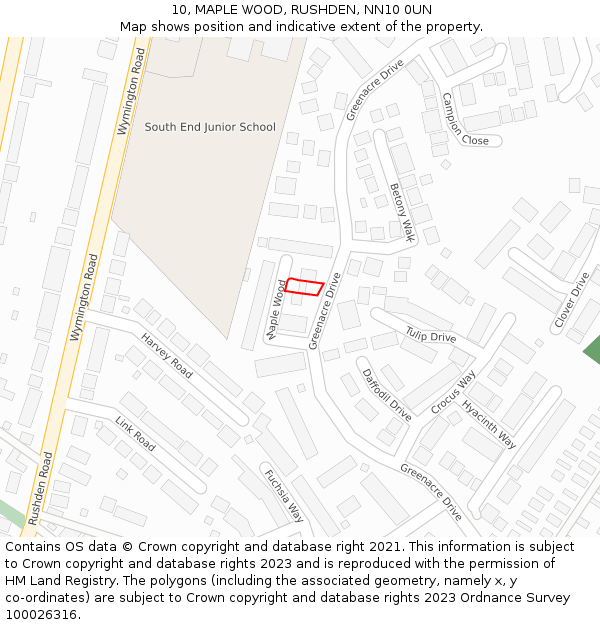 10, MAPLE WOOD, RUSHDEN, NN10 0UN: Location map and indicative extent of plot