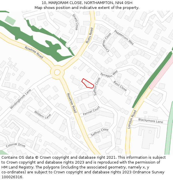 10, MARJORAM CLOSE, NORTHAMPTON, NN4 0SH: Location map and indicative extent of plot