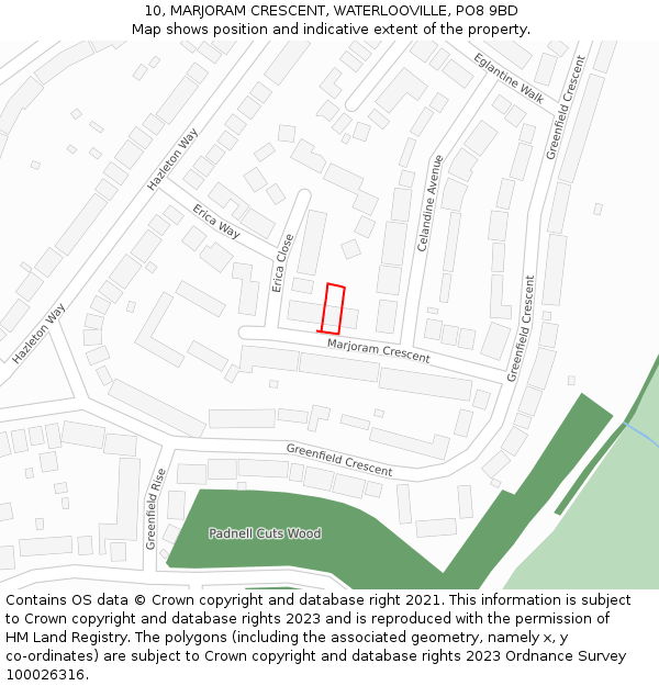 10, MARJORAM CRESCENT, WATERLOOVILLE, PO8 9BD: Location map and indicative extent of plot