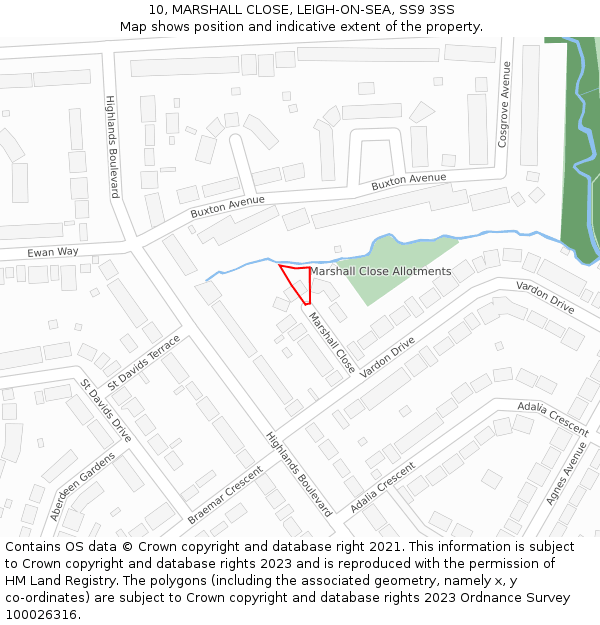 10, MARSHALL CLOSE, LEIGH-ON-SEA, SS9 3SS: Location map and indicative extent of plot