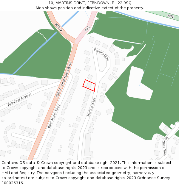 10, MARTINS DRIVE, FERNDOWN, BH22 9SQ: Location map and indicative extent of plot