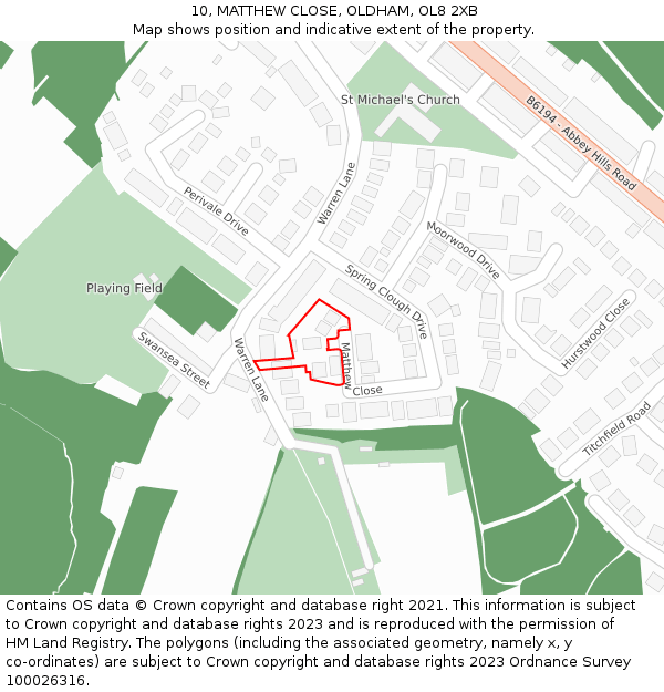 10, MATTHEW CLOSE, OLDHAM, OL8 2XB: Location map and indicative extent of plot