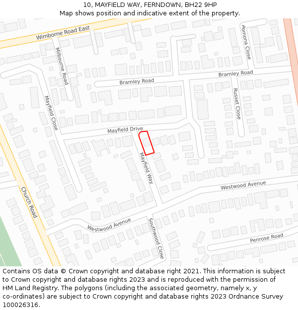 10, MAYFIELD WAY, FERNDOWN, BH22 9HP: Location map and indicative extent of plot