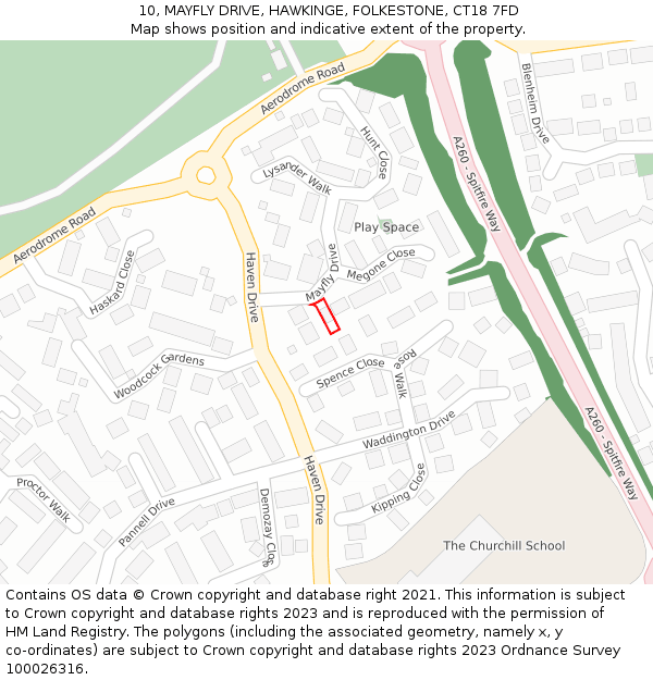 10, MAYFLY DRIVE, HAWKINGE, FOLKESTONE, CT18 7FD: Location map and indicative extent of plot