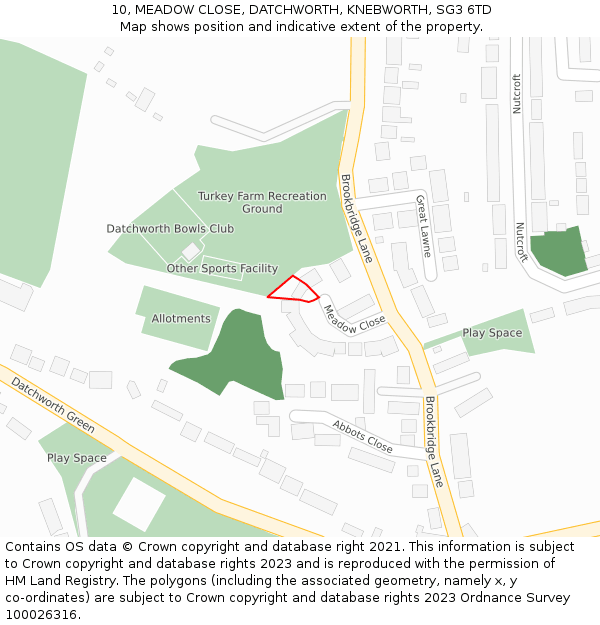 10, MEADOW CLOSE, DATCHWORTH, KNEBWORTH, SG3 6TD: Location map and indicative extent of plot