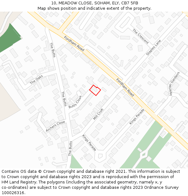 10, MEADOW CLOSE, SOHAM, ELY, CB7 5FB: Location map and indicative extent of plot