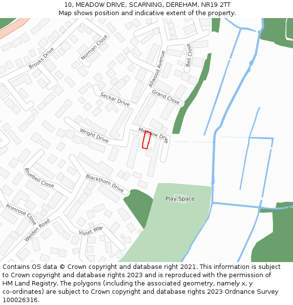 10, MEADOW DRIVE, SCARNING, DEREHAM, NR19 2TT: Location map and indicative extent of plot