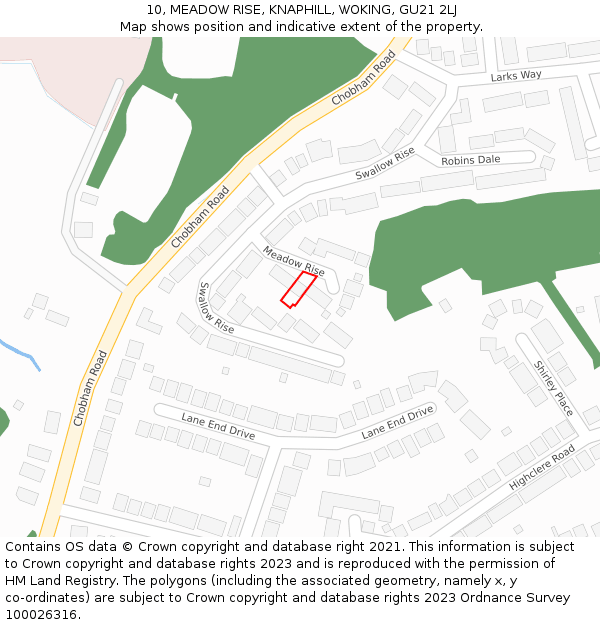 10, MEADOW RISE, KNAPHILL, WOKING, GU21 2LJ: Location map and indicative extent of plot