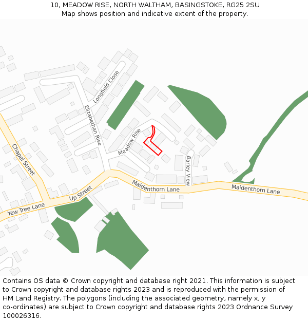 10, MEADOW RISE, NORTH WALTHAM, BASINGSTOKE, RG25 2SU: Location map and indicative extent of plot