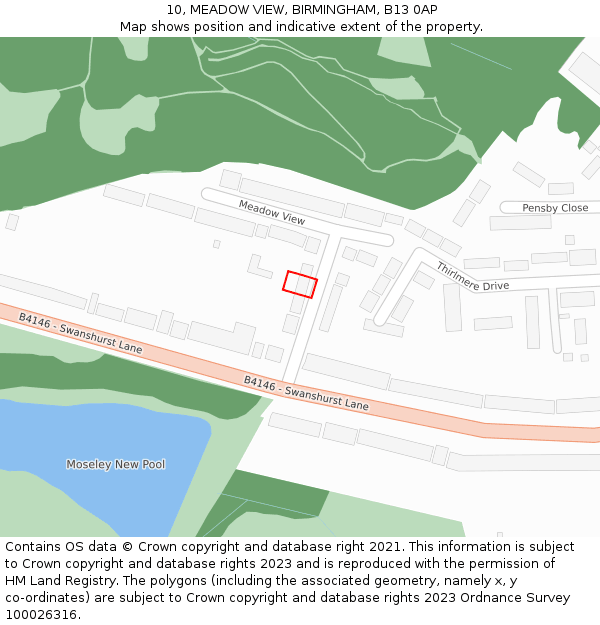 10, MEADOW VIEW, BIRMINGHAM, B13 0AP: Location map and indicative extent of plot