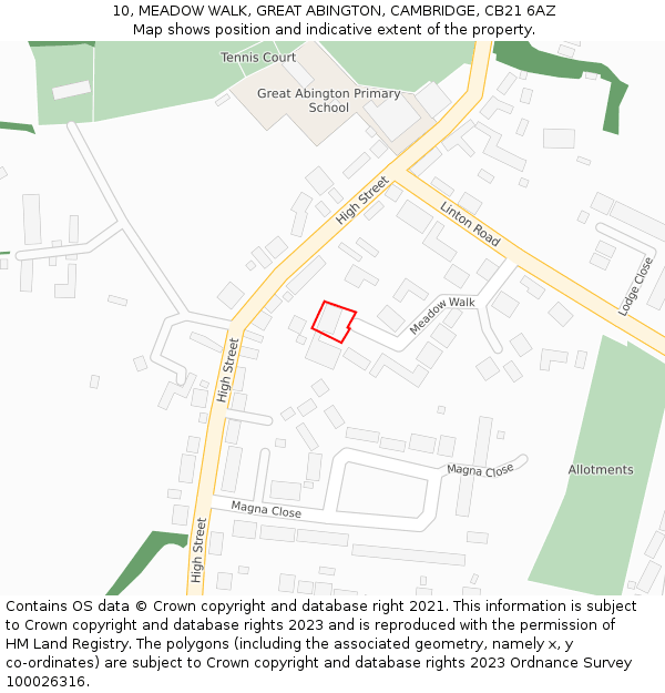 10, MEADOW WALK, GREAT ABINGTON, CAMBRIDGE, CB21 6AZ: Location map and indicative extent of plot