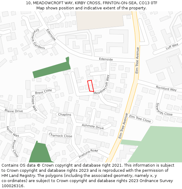 10, MEADOWCROFT WAY, KIRBY CROSS, FRINTON-ON-SEA, CO13 0TF: Location map and indicative extent of plot