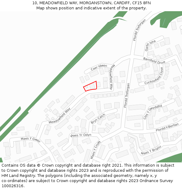 10, MEADOWFIELD WAY, MORGANSTOWN, CARDIFF, CF15 8FN: Location map and indicative extent of plot