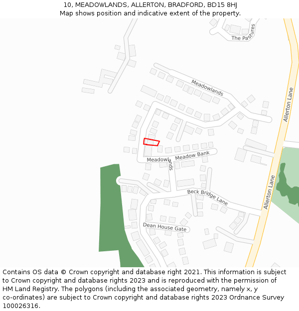 10, MEADOWLANDS, ALLERTON, BRADFORD, BD15 8HJ: Location map and indicative extent of plot