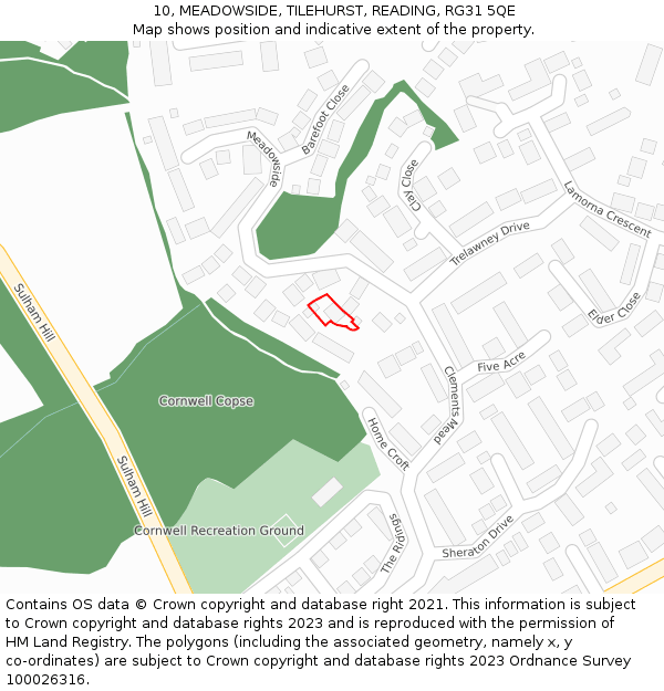10, MEADOWSIDE, TILEHURST, READING, RG31 5QE: Location map and indicative extent of plot