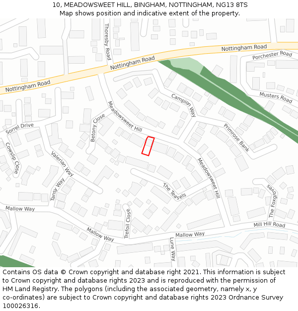 10, MEADOWSWEET HILL, BINGHAM, NOTTINGHAM, NG13 8TS: Location map and indicative extent of plot