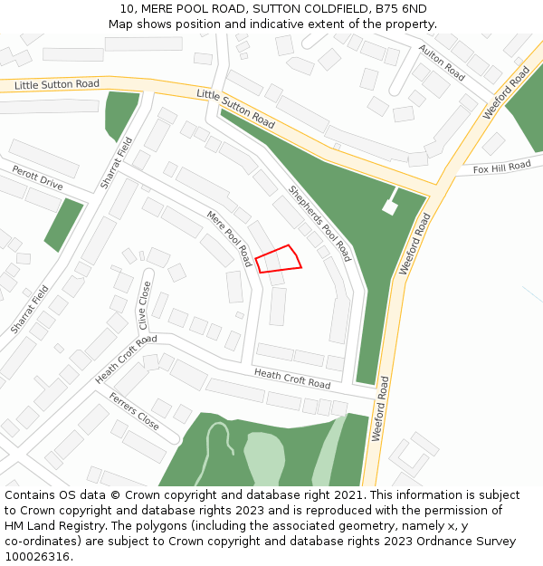 10, MERE POOL ROAD, SUTTON COLDFIELD, B75 6ND: Location map and indicative extent of plot