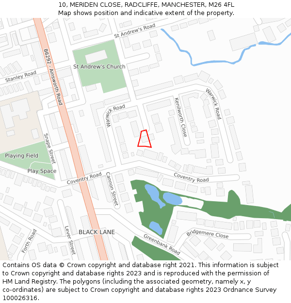 10, MERIDEN CLOSE, RADCLIFFE, MANCHESTER, M26 4FL: Location map and indicative extent of plot