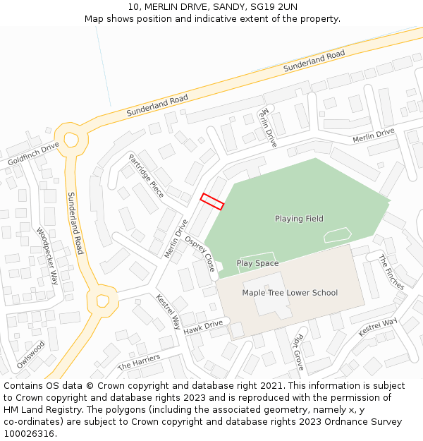 10, MERLIN DRIVE, SANDY, SG19 2UN: Location map and indicative extent of plot