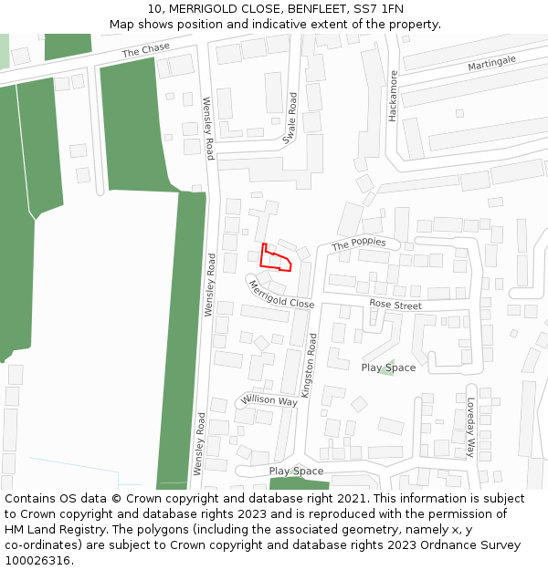 10, MERRIGOLD CLOSE, BENFLEET, SS7 1FN: Location map and indicative extent of plot