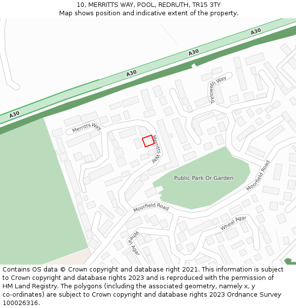 10, MERRITTS WAY, POOL, REDRUTH, TR15 3TY: Location map and indicative extent of plot