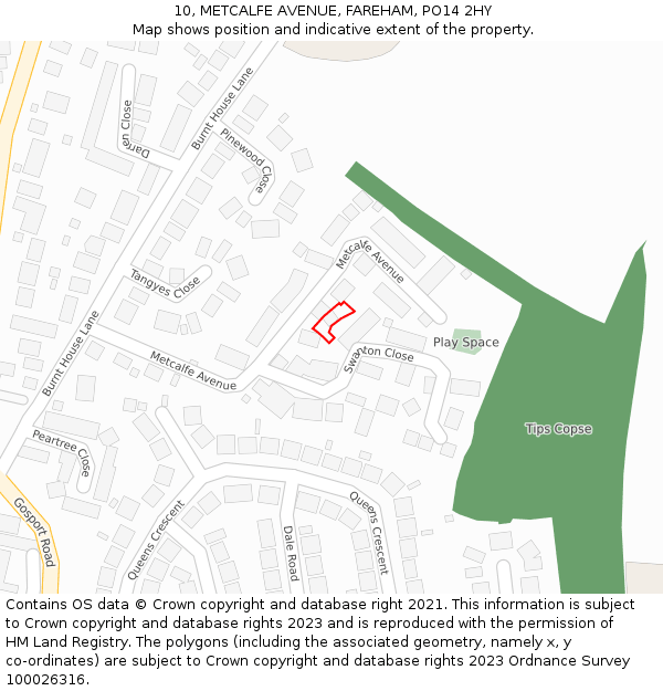 10, METCALFE AVENUE, FAREHAM, PO14 2HY: Location map and indicative extent of plot