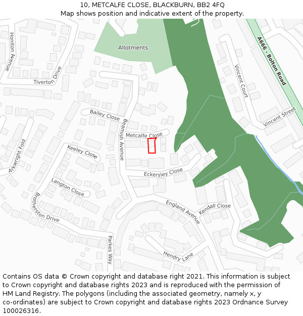 10, METCALFE CLOSE, BLACKBURN, BB2 4FQ: Location map and indicative extent of plot