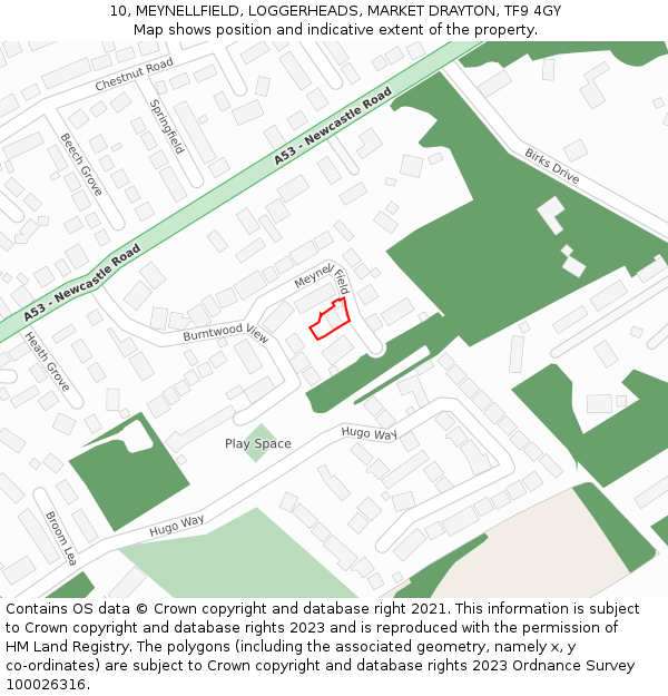 10, MEYNELLFIELD, LOGGERHEADS, MARKET DRAYTON, TF9 4GY: Location map and indicative extent of plot