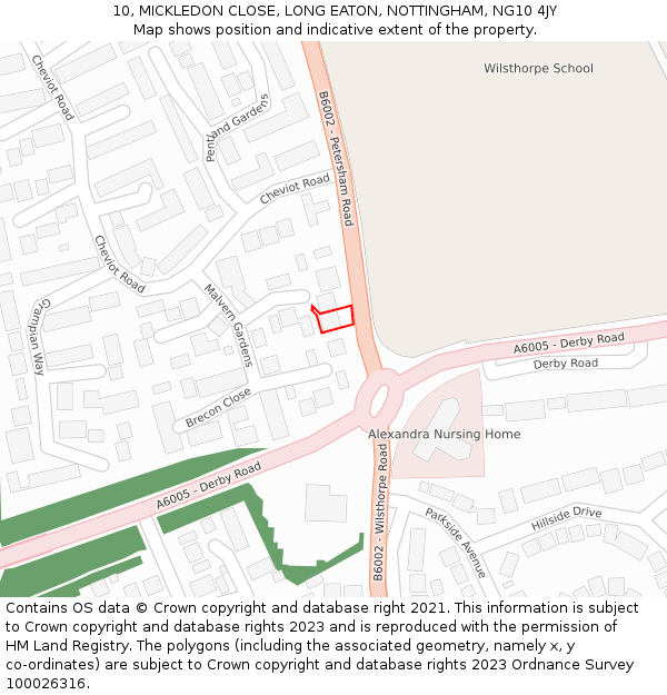 10, MICKLEDON CLOSE, LONG EATON, NOTTINGHAM, NG10 4JY: Location map and indicative extent of plot