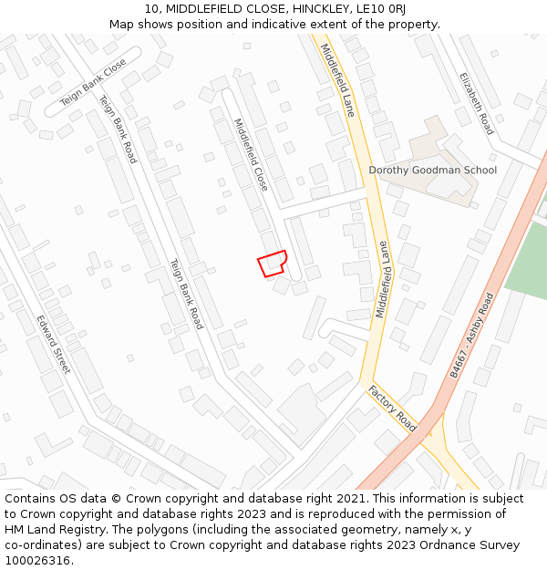 10, MIDDLEFIELD CLOSE, HINCKLEY, LE10 0RJ: Location map and indicative extent of plot