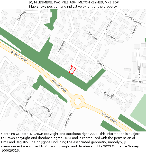 10, MILESMERE, TWO MILE ASH, MILTON KEYNES, MK8 8DP: Location map and indicative extent of plot