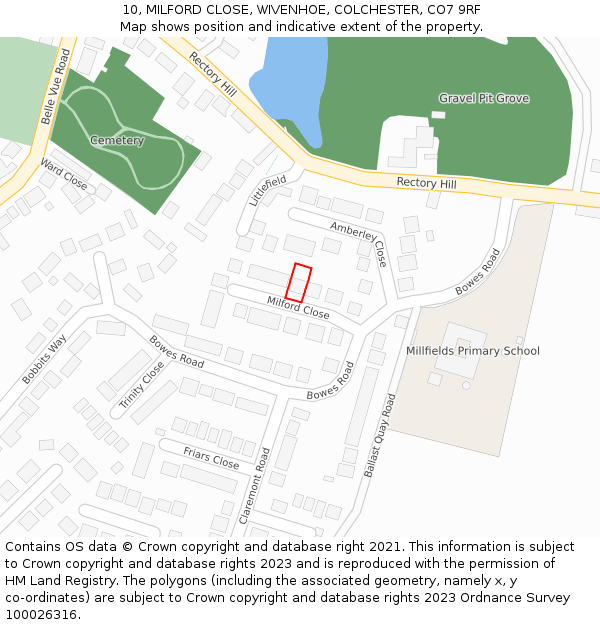 10, MILFORD CLOSE, WIVENHOE, COLCHESTER, CO7 9RF: Location map and indicative extent of plot