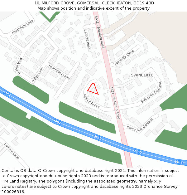 10, MILFORD GROVE, GOMERSAL, CLECKHEATON, BD19 4BB: Location map and indicative extent of plot