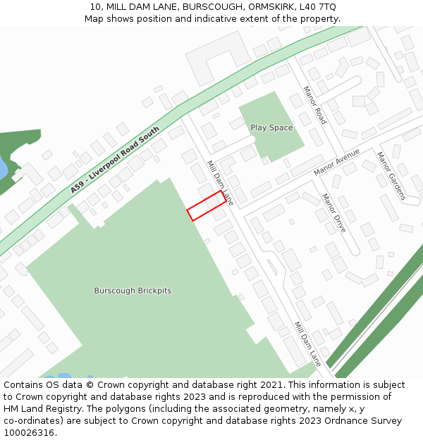 10, MILL DAM LANE, BURSCOUGH, ORMSKIRK, L40 7TQ: Location map and indicative extent of plot