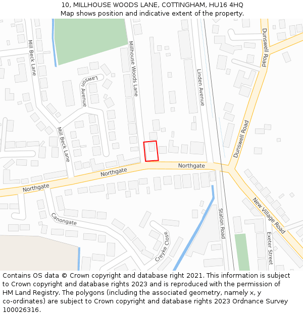 10, MILLHOUSE WOODS LANE, COTTINGHAM, HU16 4HQ: Location map and indicative extent of plot