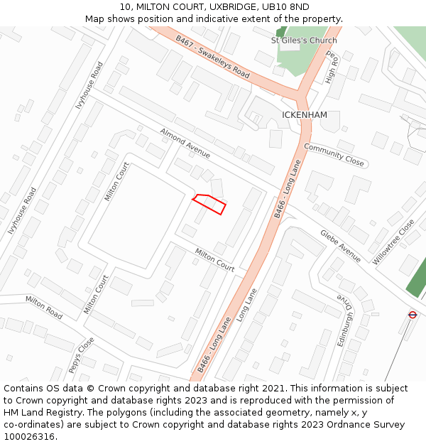 10, MILTON COURT, UXBRIDGE, UB10 8ND: Location map and indicative extent of plot