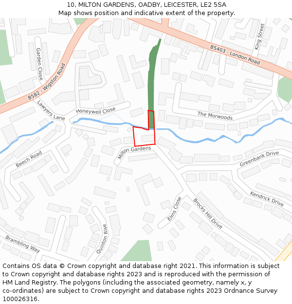 10, MILTON GARDENS, OADBY, LEICESTER, LE2 5SA: Location map and indicative extent of plot