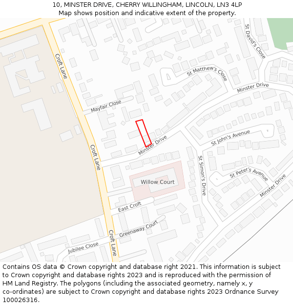 10, MINSTER DRIVE, CHERRY WILLINGHAM, LINCOLN, LN3 4LP: Location map and indicative extent of plot