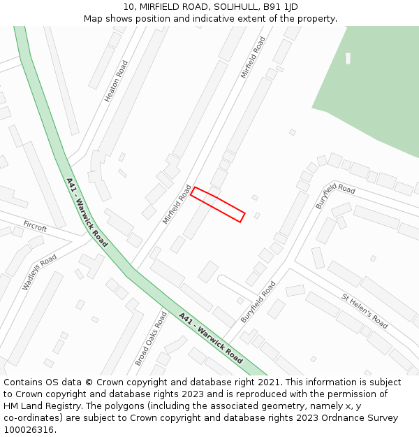 10, MIRFIELD ROAD, SOLIHULL, B91 1JD: Location map and indicative extent of plot