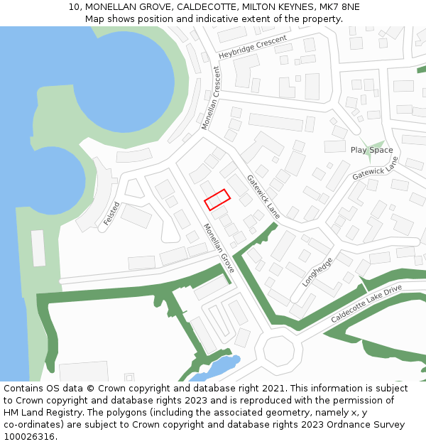 10, MONELLAN GROVE, CALDECOTTE, MILTON KEYNES, MK7 8NE: Location map and indicative extent of plot