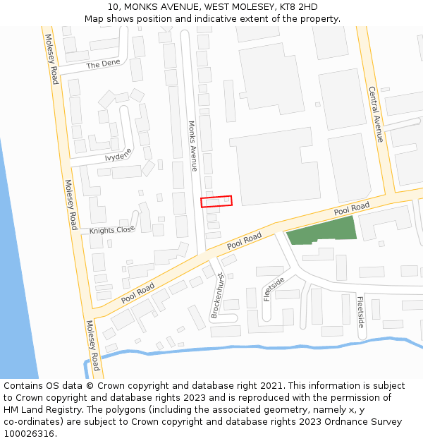 10, MONKS AVENUE, WEST MOLESEY, KT8 2HD: Location map and indicative extent of plot