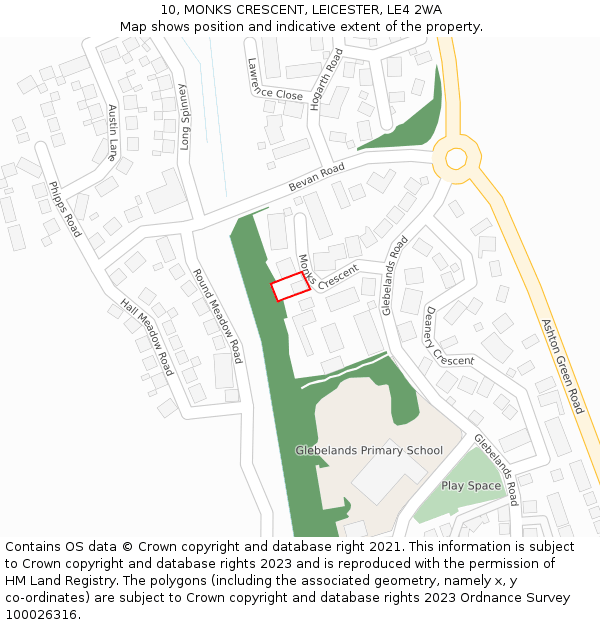 10, MONKS CRESCENT, LEICESTER, LE4 2WA: Location map and indicative extent of plot