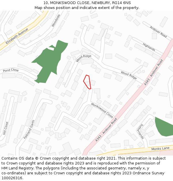 10, MONKSWOOD CLOSE, NEWBURY, RG14 6NS: Location map and indicative extent of plot