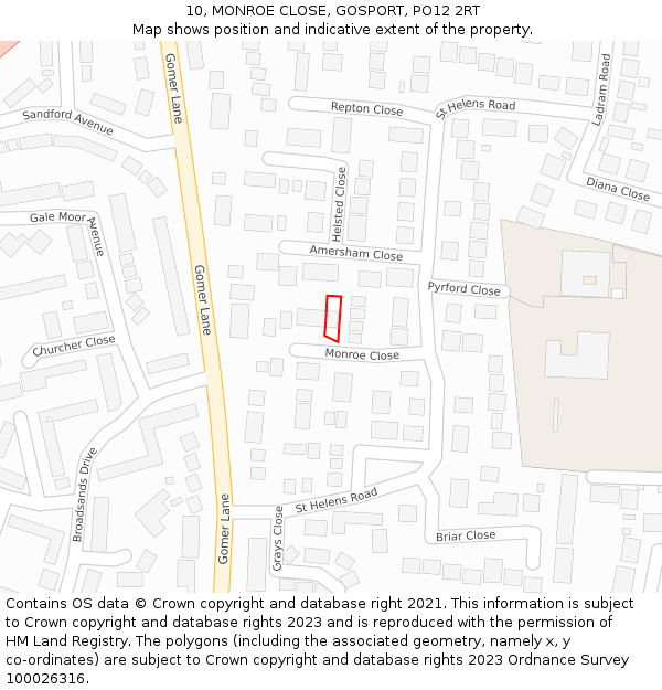 10, MONROE CLOSE, GOSPORT, PO12 2RT: Location map and indicative extent of plot