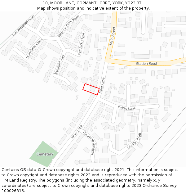 10, MOOR LANE, COPMANTHORPE, YORK, YO23 3TH: Location map and indicative extent of plot