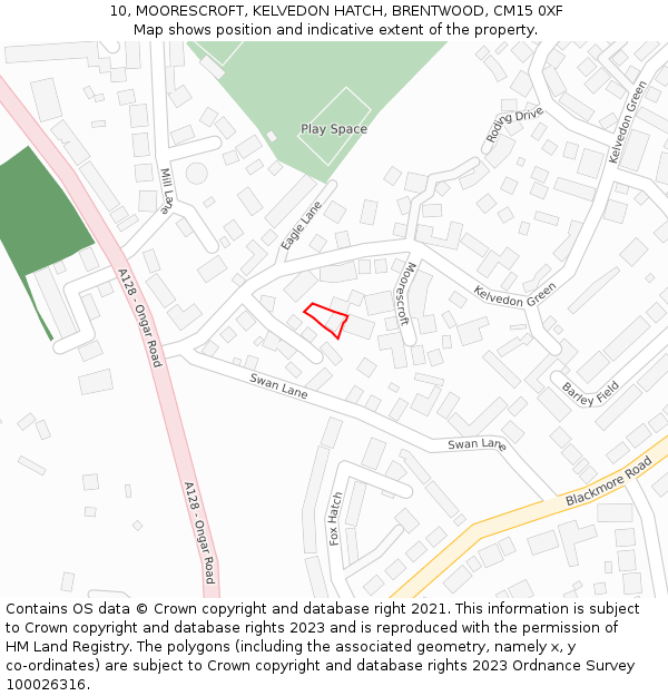 10, MOORESCROFT, KELVEDON HATCH, BRENTWOOD, CM15 0XF: Location map and indicative extent of plot