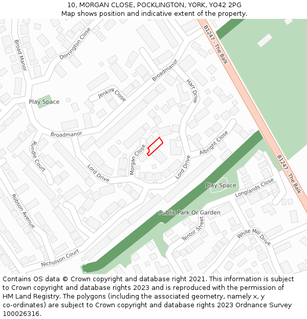 10, MORGAN CLOSE, POCKLINGTON, YORK, YO42 2PG: Location map and indicative extent of plot