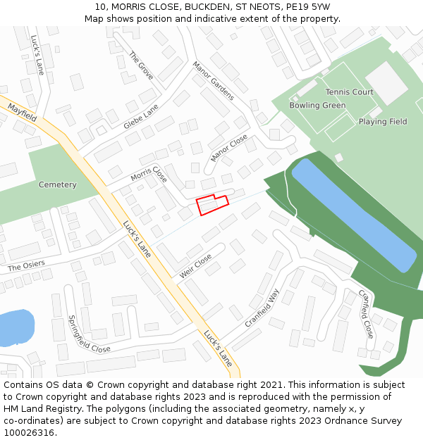 10, MORRIS CLOSE, BUCKDEN, ST NEOTS, PE19 5YW: Location map and indicative extent of plot