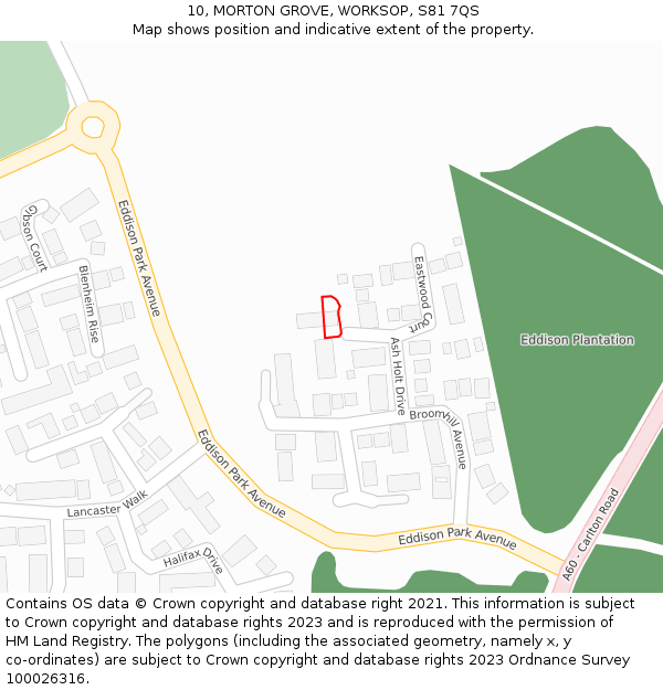 10, MORTON GROVE, WORKSOP, S81 7QS: Location map and indicative extent of plot