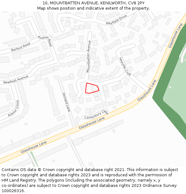 10, MOUNTBATTEN AVENUE, KENILWORTH, CV8 2PY: Location map and indicative extent of plot